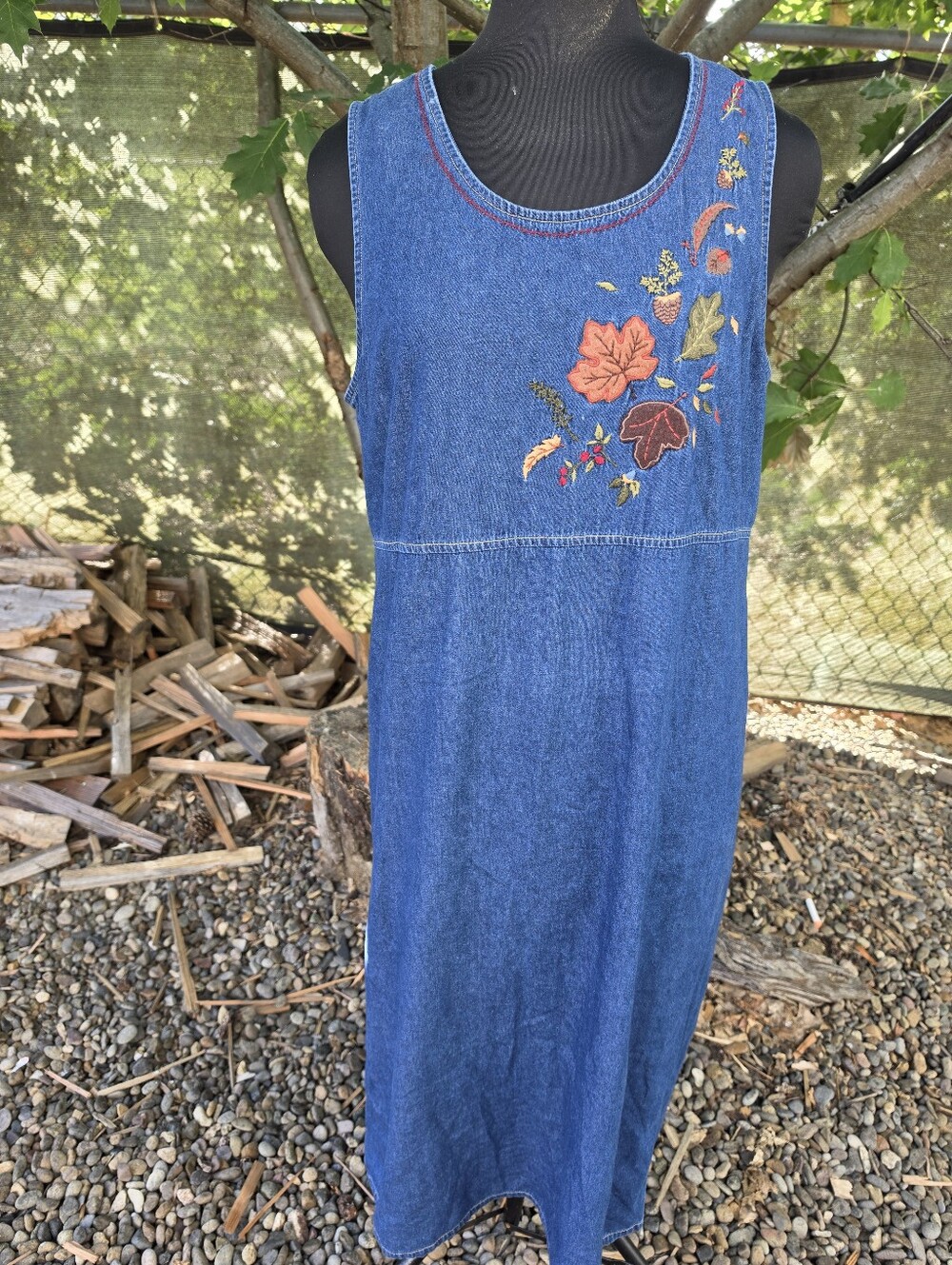 Vtg 90s Fall Leaves Embroidered Denim Sleeveless Dress Grandmacore Teacher Chic